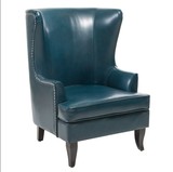 外贸美式新古典单人沙发椅法式复古墨蓝色真皮老虎椅休闲椅高背椅