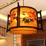 牡丹国画复古典中式灯具手绘灯饰 羊皮灯 实木书房灯 吊灯 餐厅灯