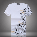 2016新款韩版流中国风男士夏季v领短袖T恤印花修身青少年男装体恤