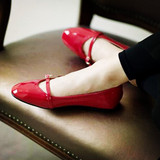 新款内外全真皮方头浅口单鞋舒适坡跟平底内增高女鞋红色玛丽珍鞋