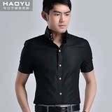 夏季男士黑色高领短袖衬衫韩版修身时尚休闲发型师潮流衬衣伴郎装