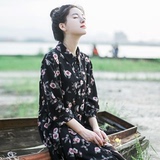 森女日系文艺复古荷叶边裙摆唯美气质度假长裙花朵玫瑰印花连衣裙