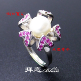 Blian原创设计花朵开口戒指女日韩饰品 925纯银镶嵌天然珍珠戒指