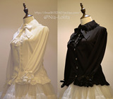 【现货】立领蕾丝中袖雪纺衬衫白色黑色Lolita洋装显瘦打底衫