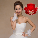 新娘韩式结婚婚纱礼服配饰手套绣花露指短款白色红色包邮