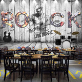 大型音乐ROCK字母壁画咖啡厅摇滚酒吧背景墙纸3D复古怀旧吉他壁纸