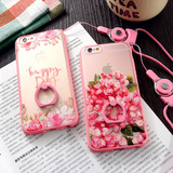韩国粉色指环iPhone6苹果6s手机壳6plus 支架软包边壳鲜花朵挂绳