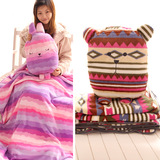 可爱粉紫条纹小兔复古方熊公仔抱枕靠垫被大号珊瑚绒空调毯子两用