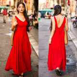 红色无袖V领性感礼服连衣裙雪纺长裙夏修身气质背带大摆度假裙子