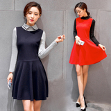 2016春装韩版显瘦针织连衣裙拼接假两件长袖弹力打底裙