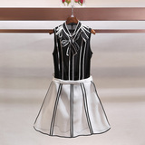 欧洲货2016夏新款时尚撞色竖条纹短裙套装女欧美职业装衬衫两件套