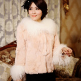 2015 秋冬新款女装 獭兔毛滩羊毛拼接皮草外套 长袖短款 粉 咖色