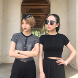 夏季女装韩版新款修身显瘦领口纽扣短袖针织衫条纹打底衫纯色T恤