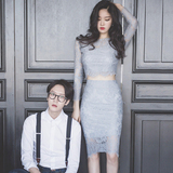 2016春季新品韩版气质蕾丝短裙两件套装性感镂空中长款包臀连衣裙