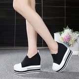 韩版12cm内增高女鞋夏季新款帆布透气一脚蹬厚底松糕鞋运动休闲鞋
