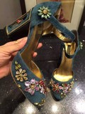 香港正品代购 张雨绮同款水钻鞋复古丝绒宝石粗跟高跟时尚公主鞋