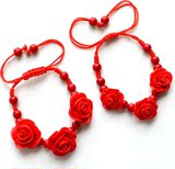 正品朱砂漆雕 中国红色三朵玫瑰花女款手链手绳 新娘婚庆传统礼品
