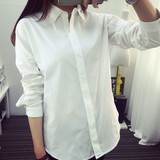 韩版女装通勤OL百搭纯白色尖领翻领中长款宽松纯棉长袖休闲衬衫
