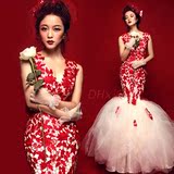 2016 新娘半透明露背红色蕾丝鱼尾婚纱礼服高端长袖性感欧美修身