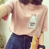 夏装短袖T恤女版个性简约贴布粉色体恤韩国复古学生宽松半袖上衣