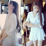 2016夏季韩版新款女装宽松显瘦白色翻领衬衫裙子纯色不规则连衣裙
