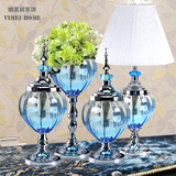 欧式简欧美式样板间房家居饰品展厅会所蓝色玻璃花瓶台灯摆件