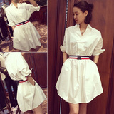 2016夏季新款韩版时尚气质宽松显瘦中长款五分袖白色衬衫连衣裙女