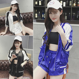 2016夏季新款韩版撞色薄款夹克棒球服＋裹胸+系带短裤三件套装女