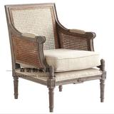 美式乡村实木沙发椅橡木做旧客厅单人椅休闲椅藤编老虎椅扶手书椅