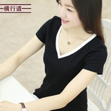 夏季韩版黑色v字领t恤女显瘦修身短袖纯棉大码女装百搭纯色上衣白