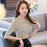 夏季韩版修身中长款中袖条纹衬衫女雪纺衬衣女V领职业装OL七分袖