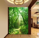 唯美阳光绿色森林玄关背景壁画 客厅卧室厨房走廊过道3D立体墙纸