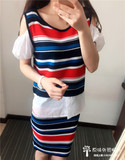 韩国单条纹时尚套装女包臀半身裙宽松漏肩针织衫气质夏款休闲