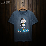 日系韩版潮牌夏季卡通印花大码机器猫修身学生复古圆领短袖T恤男