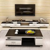 现代简约电视柜客厅 钢化玻璃伸缩黑白电视机柜茶几组合影视柜