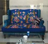 美式简约蓝色绒布孔雀老虎椅单人沙发布艺凳客厅婚纱道具影楼拍照