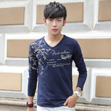 秋季韩版男士长袖T恤薄款青少年纯棉V领打底衫外穿体恤学生上衣潮