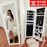 韩式公主卧室穿衣镜全身落地镜 化妆镜实木试衣镜储物收纳柜白色
