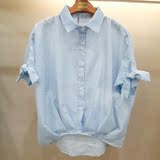 韩国代购16夏季新款短袖蝴蝶结宽松显瘦纯棉竖条纹衬衫女JZ6MB078