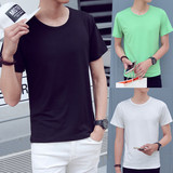 大码男士短袖圆领纯黑色简约T恤纯色韩版夏季宽松半截袖体恤潮流