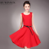 2015春装新款韩国版SZ优雅气质结婚棉麻无袖红色女装礼服连衣裙女