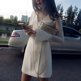 希野2016夏装新款 名媛ol气质白色V领连衣裙透视长袖衬衫袖短裙子
