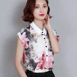 雪纺衫女2016夏装新款 韩版女装宽松水墨印花衬衫短袖上衣打底衫