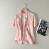 2016春夏外贸女装新品 日系甜美棉麻双口袋短袖小圆领纯色衬衫D6