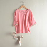 2016夏季外贸女装新品 日系甜美宽松大码五分袖纯色棉麻衬衫C9