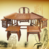 明清古典实木家具中式仿古雕花扇形茶桌椅组合榆木功夫茶台五件套