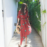 韩国东大门 度假风印花宽松红色连衣裙 韩版中长款显瘦花朵裙子夏
