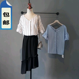 2016夏季韩国竖条纹棉麻衬衫女露锁骨v领荷叶边五分喇叭袖上衣T恤