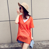 夏季新款女韩版宽松休闲V领短袖衬衫中长款上衣+小背心纯色两件套