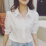 夏季新款2016韩范个性烫钻百搭外穿白气质宽松显瘦中袖衬衫上衣女